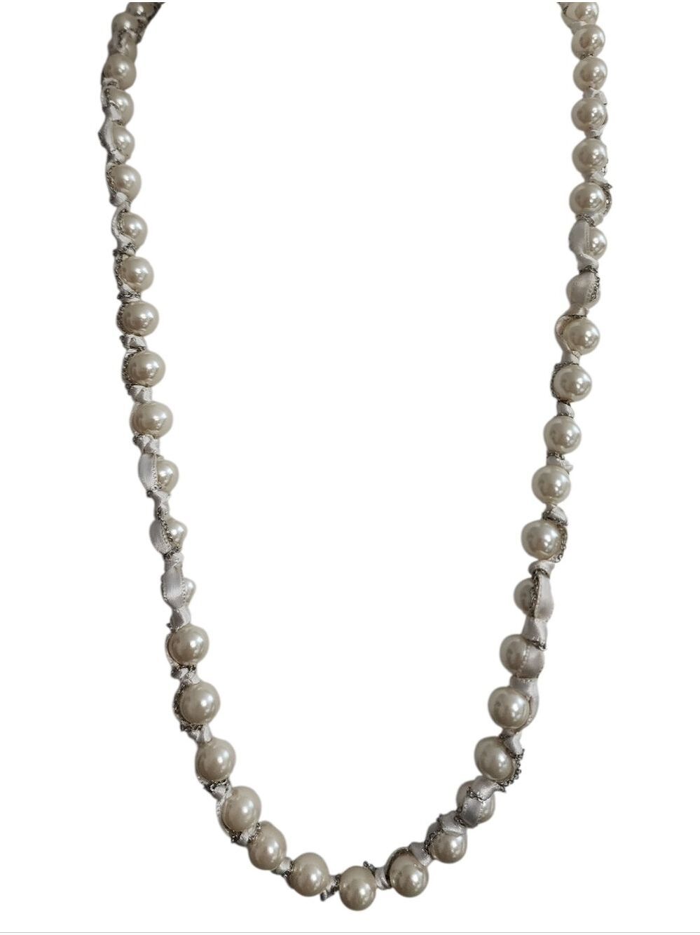 ViVi Faux Pearl Beaded Ribbon Wrapped Chain Necklace